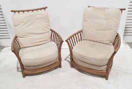 Pair of mid-elm Ercol armchairs with cream upholstered seat and backs