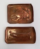 Newlyn miniature rectangular copper tray with repousse decoration of a fish and bubbles, marked '