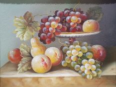 Oil on board, still life with applies and grapes, indistinctly signed lower right together with