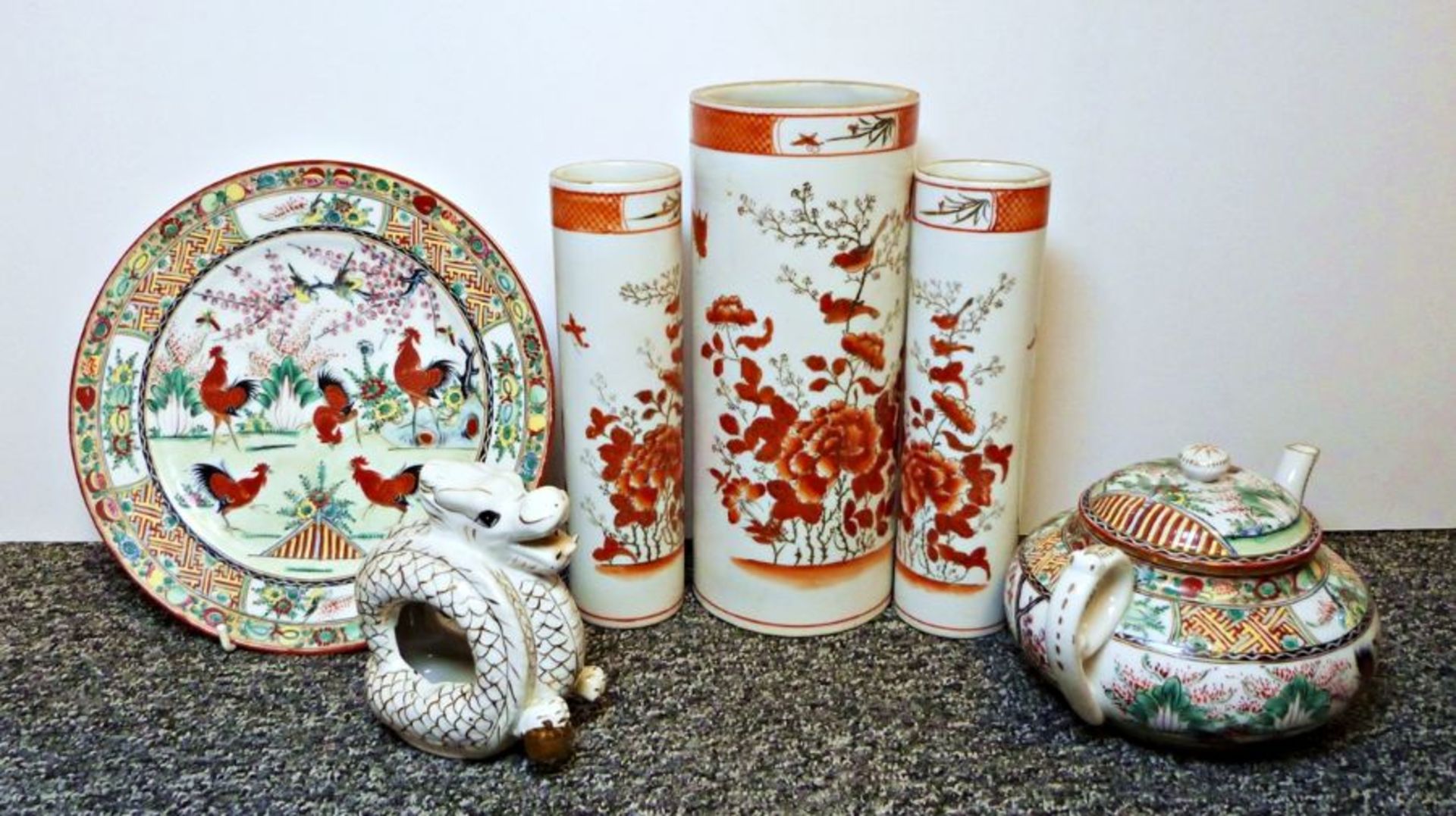 Three Stanley Chinese style cylindrical vases together with various Chinese and Japanese ceramics(