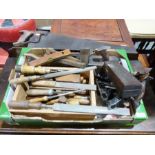 A box of vintage hand tools to include planes, saws, files, spirit levels etc.