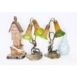 Wooden table lamp in the form of a medieval building and two further modern table lamps (3)