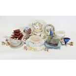 Rosenthal serving dish, a Wedgwood 'Peter Rabbit' plate, various china and glassware, table cloths