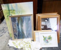 Assorted pictures, mirrors and textiles including Patsy, watercolour 'study of a cat', Asian silk