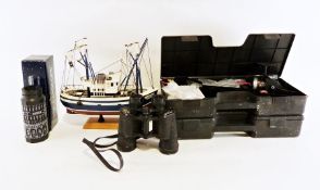 Pair of 'Hanimex' binoculars, two 'Sailor' fishing rods with cases, a model of a boat and a