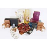 Dartington glass vase, two Caithness vases, various assorted china and glassware and a suitcase