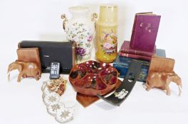 Dartington glass vase, two Caithness vases, various assorted china and glassware and a suitcase