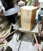 Lloyd Loom-style laundry basket, a wheelbarrow and a stool (3)