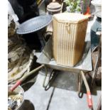 Lloyd Loom-style laundry basket, a wheelbarrow and a stool (3)