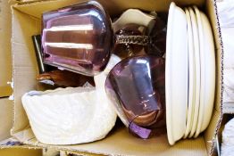 Pair of amethyst glass goblets together with various china, glass and household items (5 boxes)