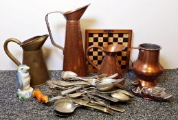 Aynsley Pembroke footed bowl, various copper and brass flagons, board games to include Whicker's