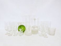 Set of eight cut glass wines, three coloured glass spheres together with various other glasswares (2