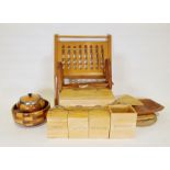 Group of wooden kitchen items to include a bread bin, utensil holder etc.