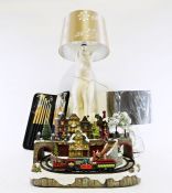 Modern table lamp in the form of a cat, a Christmas village model and a further modern table lamp (