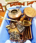 Assorted brassware and treenware to include copper kettle, brass trivet, iron trivet, pine box,