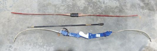 Recurve bow, a fibreglass bow and a swagger stick (3)