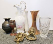 Cut glass vase, a copper and brass vase together with further china and metalwares (1 box)