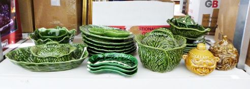 Group of John Buck serving items and plates in the form of lettuce leaves, a Sylvac lidded chutney