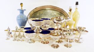 Plated silver tray, two alabaster table lamps and various glass and china ware (2 boxes)