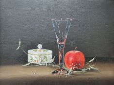 Ted Dyer Oil on canvas Still life with wine glass and apple, together with assorted prints and