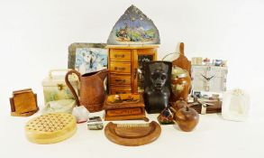 Carved hardwood sculpture of an African male, a Victorian tea canister, various board games and