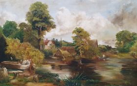 Oil on canvas of a river scene, monogrammed and dated '84 lower right, Lounsbury abstract ink