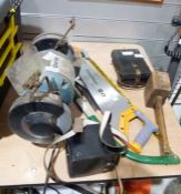 Clark 6" bench grinder, an eSkde cordless rotary tiller (no battery) and various tools