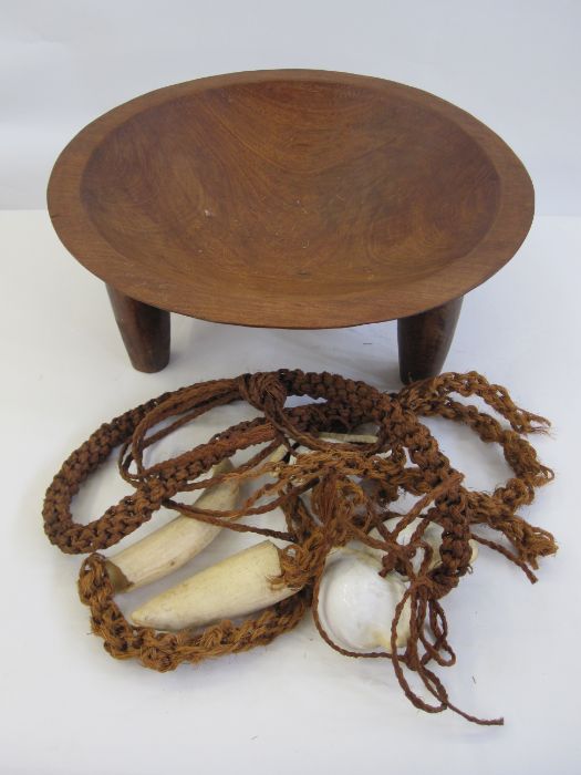 Wooden carved Kava mixing bowl with ceremonial attachments of white cowrie shells, with British