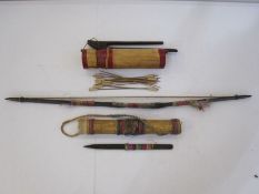 Bow, quiver and arrows in a bamboo case and a wooden pointed tool