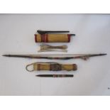 Bow, quiver and arrows in a bamboo case and a wooden pointed tool