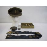 WWI War medal named to '31952.PTE.A.FINCH.GLOUC.R.', military cap badges, buttons, Masonic medal,