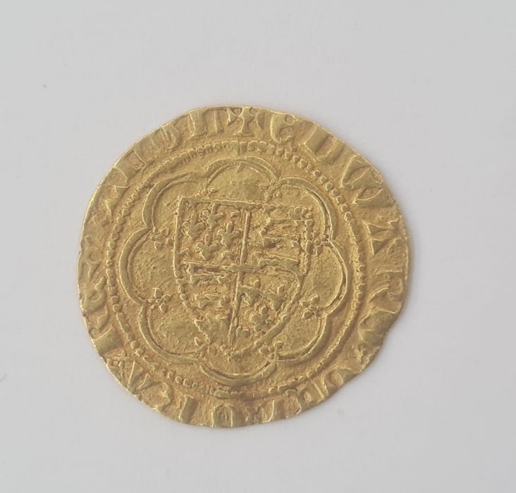 Edward III 1327 - 77 gold quarter noble, treaty period (1361-69). Lis in central compartment of