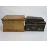 A black tin box painted with ships at sea 39cm x 25cm and a pine box 43.5cm x 27cm approx. (2)