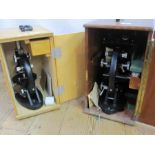 Cased microscope with various lenses, another cased microscope and a set of balance scales (3)