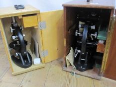 Cased microscope with various lenses, another cased microscope and a set of balance scales (3)