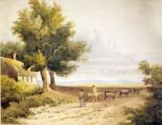 19th century school Watercolour drawing Rustic scene with figures and cattle, 15cm x 20cm, unframed