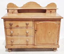 Late 19th/early 20th century pine sideboard, the superstructure with shelf and two drawers above