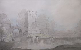 Attributed to James 'Drunken' Robertson (fl 1815-1836) Watercolour  Keep by a weir, bears