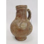 Rhenish stoneware bellarmine jug applied three continental crests in oval tablets, 20cm high