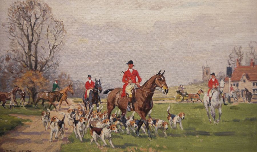 John Sanderson Wells (1872-1955) Pair oils on board Hunting scenes, Huntsmen and hounds on village