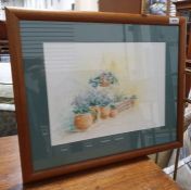 Gail Mylne Watercolour of plant pots in a garden, signed and dated '97 lower left, together with