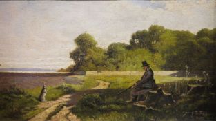 Early 20th century school Oil on board Figure with gun seated and facing hare, signed indistinctly