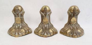 Three brass large foliate claw and ball door porters with shield monogram (3)