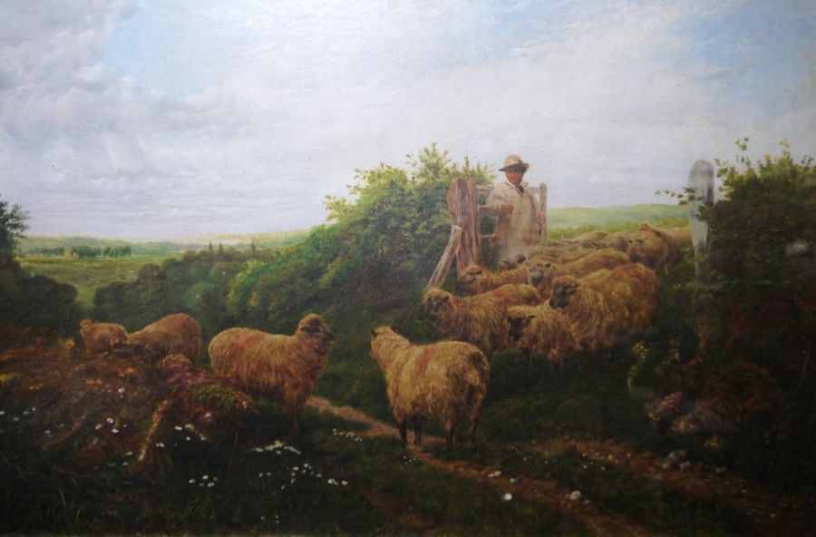 British school (19th century) Oil on canvas Shepherd boy with his flock on a country lane, 38cm x