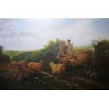 British school (19th century) Oil on canvas Shepherd boy with his flock on a country lane, 38cm x