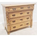 Pine chest of four long drawers, possibly continental, the rectangular top with cleated end