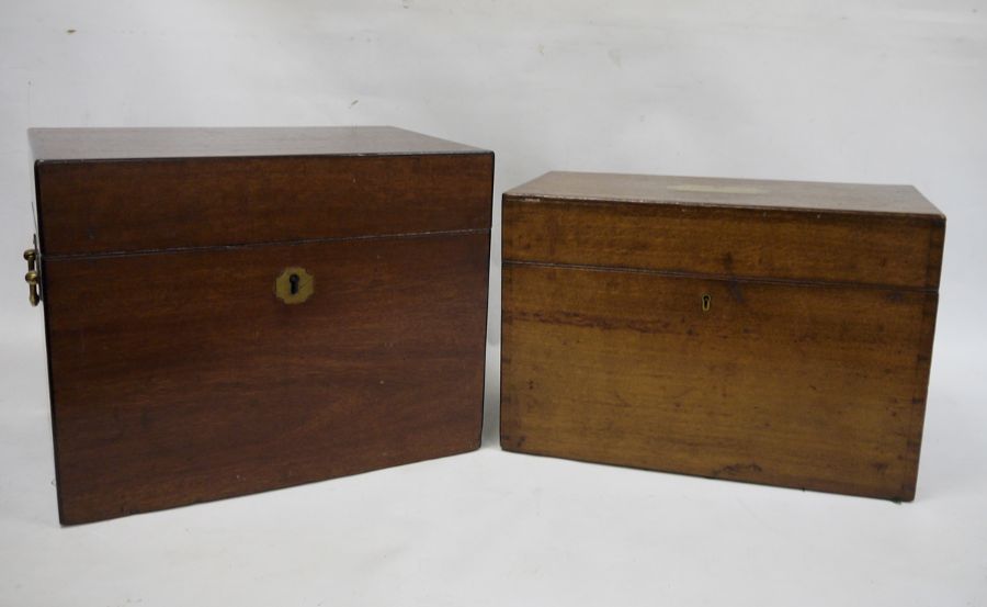 19th century mahogany rectangular lidded box with brass carry handles and a similar oak example (2)