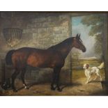 E J Keeling (1856-1873) Oil on canvas Chestnut horse in a stable interior with spaniel in the