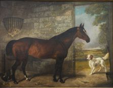 E J Keeling (1856-1873) Oil on canvas Chestnut horse in a stable interior with spaniel in the