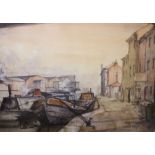 Graham Blaine (20th century school) Watercolour  'Gas Street Basin', Boats moored in Birmingham